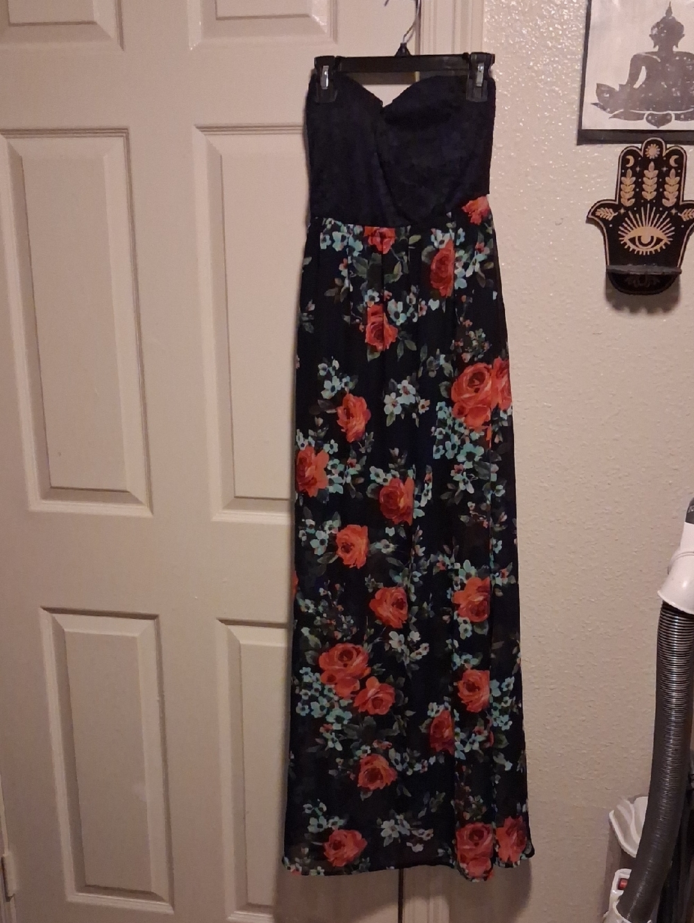 Strapless Black Floral Maxi Dress with Red Rose Print